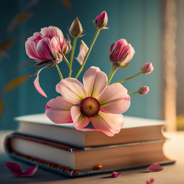 Photo livres et fleurs image générée par l'ia