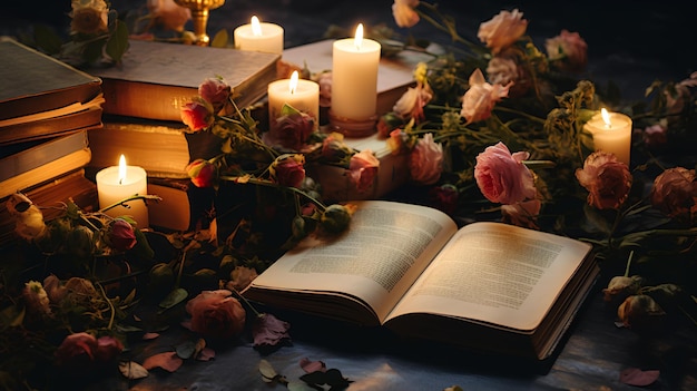 Des livres de fleurs, de nombreux livres l'un sur l'autre avec des fleurs, des photos, des livres floraux, des livres avec des fleurons et des bougies.