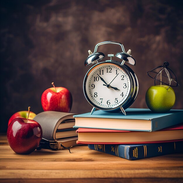 Des livres d'horloge réveil et des pommes sur une table en bois Concept de retour à l'école
