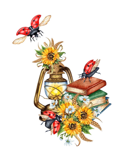 Des livres de lanternes rétro aquarelles, des tournesols, de la camomille, du blé, des coccinelles, des cliparts vintage d'automne.