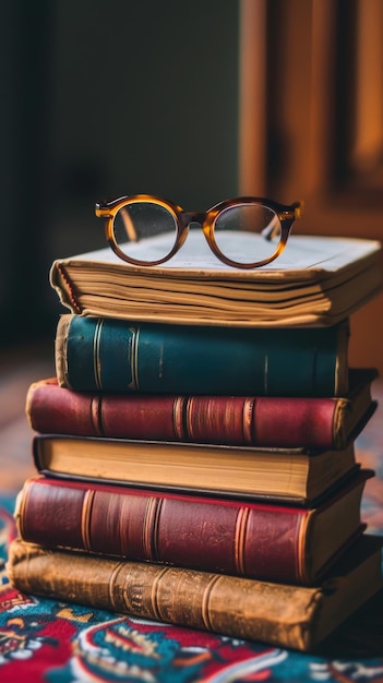 Des livres avec des lunettes Une pile de littérature avec des verres sur le dessus
