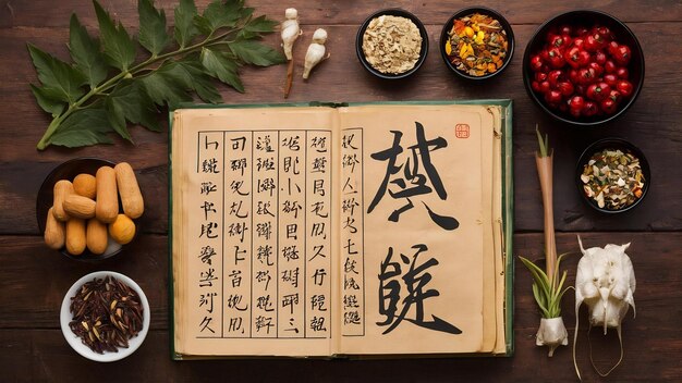 Photo des livres de médecine chinoise ancienne et des herbes sur la table.