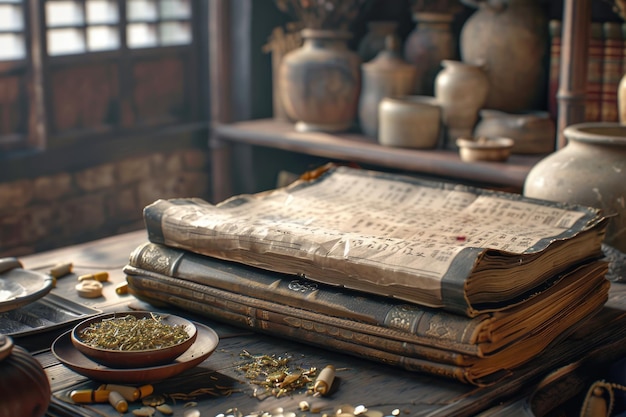 Photo livres de médecine traditionnelle chinoise et herbes pour la santé et la guérison
