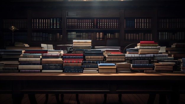 Des livres méticuleusement disposés sur un bureau de l'auditorium