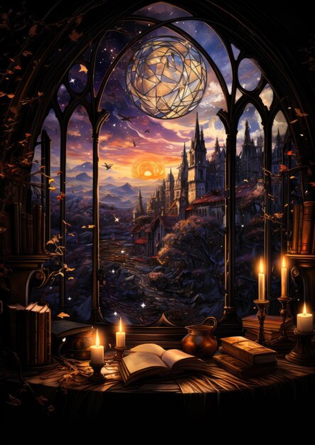 livres nuit bougies rêveur fantaisie mystère tarot illustration art tatouage affiche carte nuit