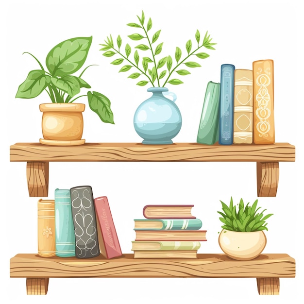 Photo livres et plantes sur des étagères en bois