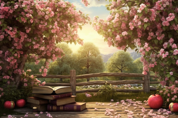 Livres et pomme sur une table en bois contre des fleurs roses dans un pommier à fleurs de jardin et fond de livre généré par AI