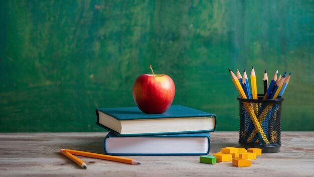 Des livres, des pommes et des crayons sur la table.