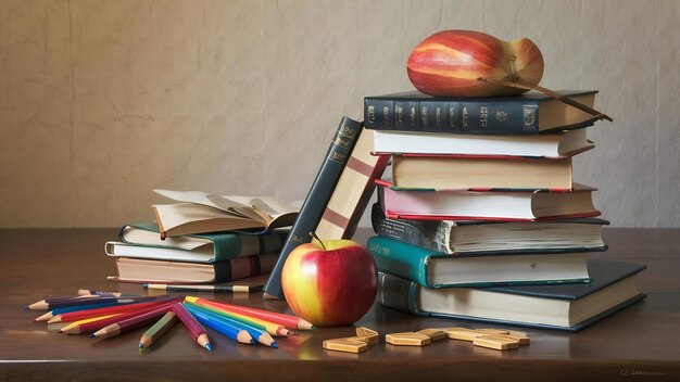 Des livres, des pommes et des crayons sur la table.