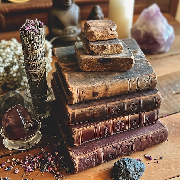 Photo livres reliés en cuir avec des cristaux et des fleurs