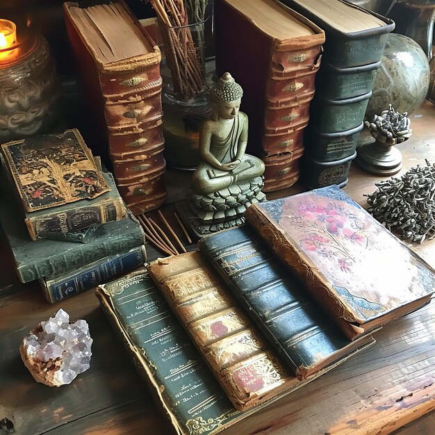 Des livres reliés en cuir avec des cristaux et une statue de Bouddha