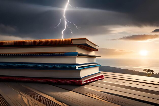 Livres sur une table en bois avec un ciel d'orage en arrière-plan