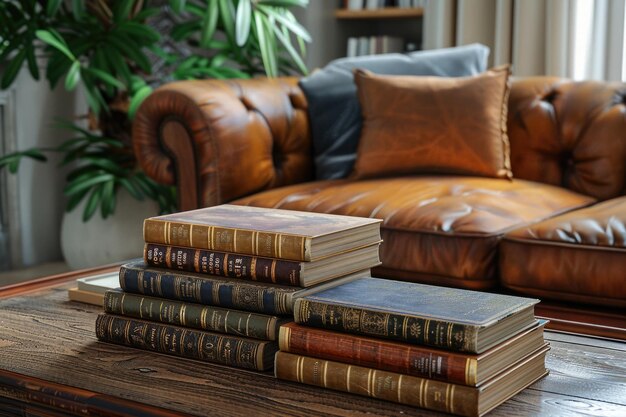 Des livres sur la table centrale avec un canapé brun en arrière-plan