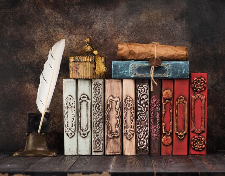 Photo livres vintage sur une étagère, cercueils anciens, manuscrit et encrier ancien avec une plume