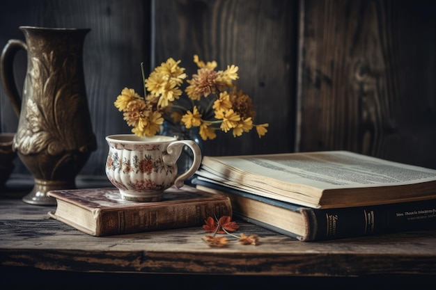 Des livres vintage une tasse de café et une fleur sur un bureau en bois de style loft Espace pour travailler et copier