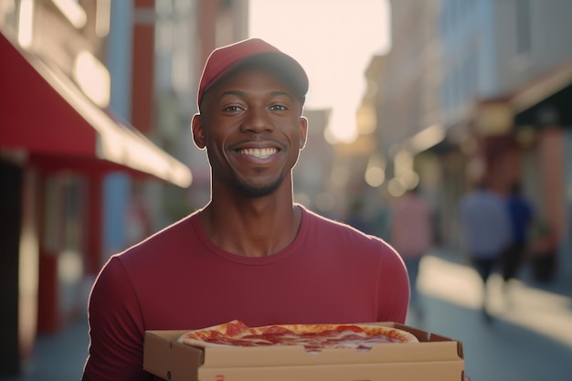Un livreur afro-américain masculin dans un t-shirt rouge et une casquette de baseball tient une boîte à pizza dans ses mains Livraison à domicile Generative AI