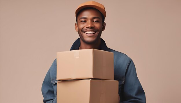 Un livreur afro-américain souriant avec un chapeau qui tient des boîtes.