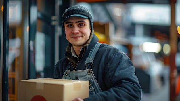 Un livreur amical au travail pendant le quart de soirée fournissant un excellent service à la clientèle Un concept de logistique moderne dépeint dans un environnement urbain La livraison ponctuelle des colis est assurée par l'IA