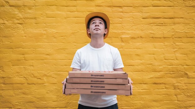 Photo le livreur apporte des boîtes de pizza en carton pour le client. il regarde vers le haut. il porte un chapeau jaune et un t-shirt blanc.