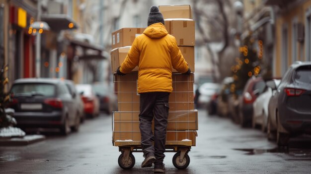 Photo un livreur avec un chariot et des boîtes