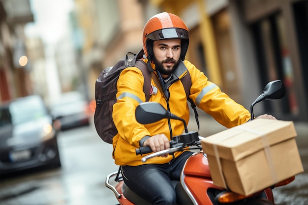 Photo un livreur de colis sur une moto