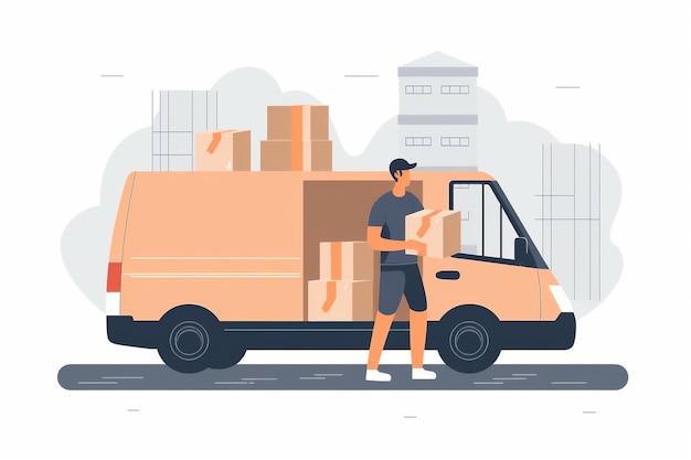 Un livreur à côté de sa camionnette remplie de cartons Un coursier livre un colis en carton Contenu généré par l'IA