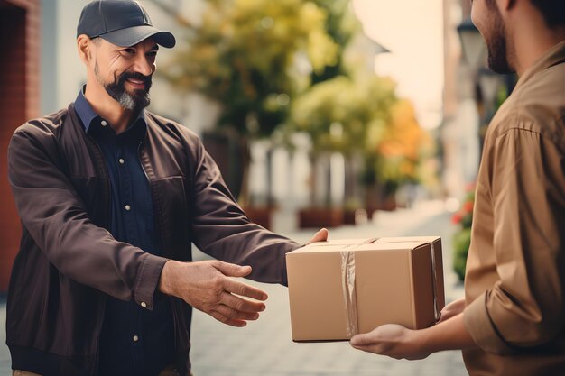 Le livreur donne la boîte à l'homme.