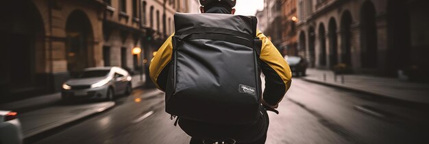 Un livreur fait du vélo et livre des marchandises dans la ville avec un sac à dos de livraison