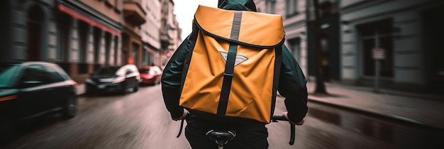 Un livreur fait du vélo et livre des marchandises dans la ville avec un sac à dos de livraison