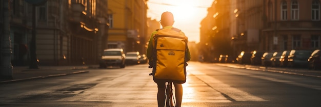 Un livreur fait du vélo et livre des marchandises dans la ville avec un sac à dos de livraison