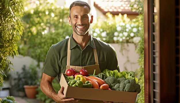 Photo un livreur de légumes biologiques frais dans une maison.