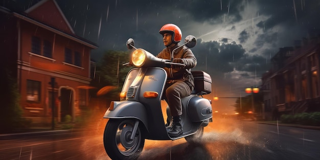 Livreur monter scooter moto sur fond d'orage AI générative