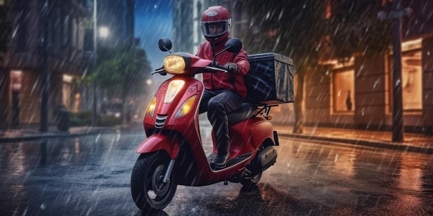 Livreur monter scooter moto sur fond d'orage AI générative