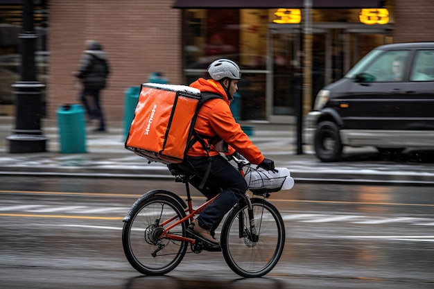 Livreur de nourriture faisant la course contre la montre pour livrer des dîners chauds à temps