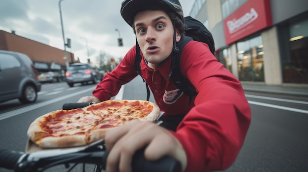 Photo livreur de pizzas sur une route rapide navigant dans la circulation avec habileté et efficacité assurant des livraisons rapides et chaudes