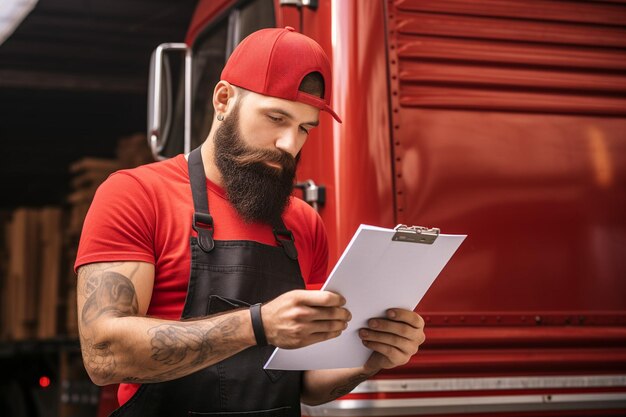 Le livreur regarde les notes sur le bloc-notes.