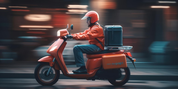 Livreur ride scooter moto avec motion blur fond de paysage urbain IA générative