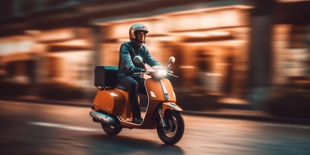 Livreur ride scooter moto avec motion blur fond de paysage urbain IA générative