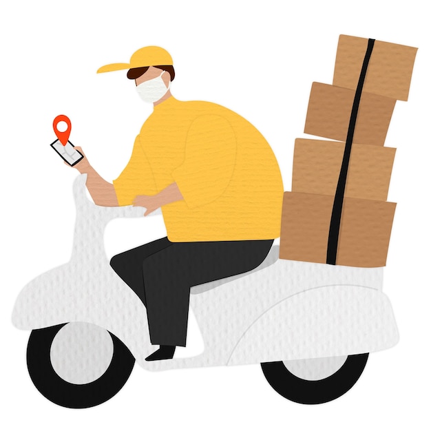 Un livreur sur un scooter avec des boîtes de colis vérifiant l'emplacement des clients sur son téléphone