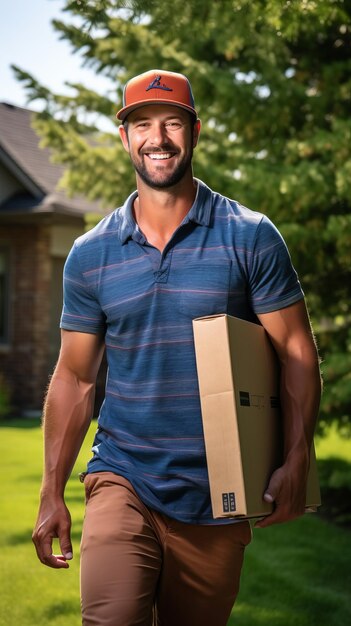 Un livreur souriant avec une boîte à la main.