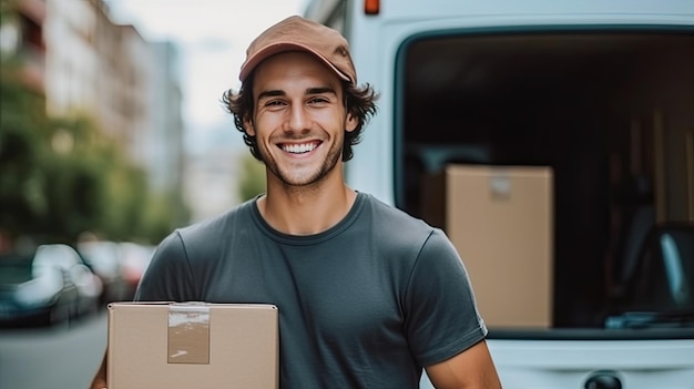 Un livreur souriant devant sa fourgonnette Transport Generative Ai