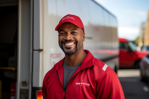 Livreur souriant posant devant un camion de livraison