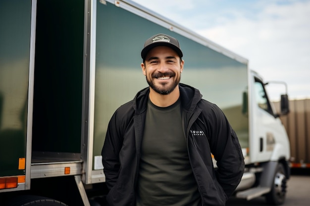 Livreur souriant posant devant un camion de livraison