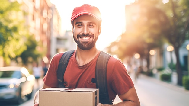 Livreur souriant tenant une boîte à colis en carton regardant la caméra