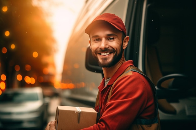 Un livreur souriant tient un colis à l'extérieur d'un fourgon de livraison avec une IA générative