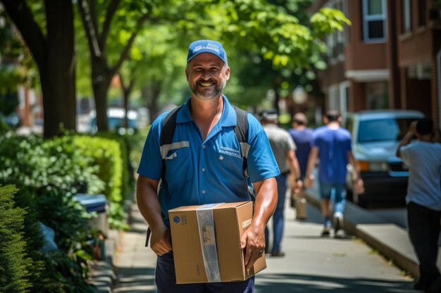 Un livreur souriant en uniforme bleu avec une boîte dans les mains.