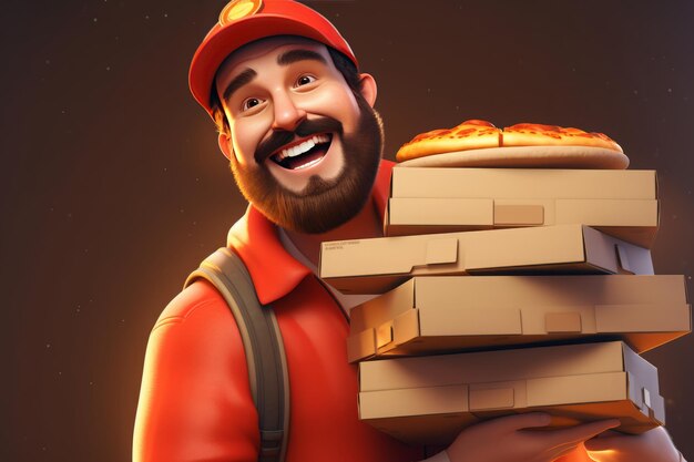 Un livreur souriant en uniforme orange tenant une pile de boîtes de pizza
