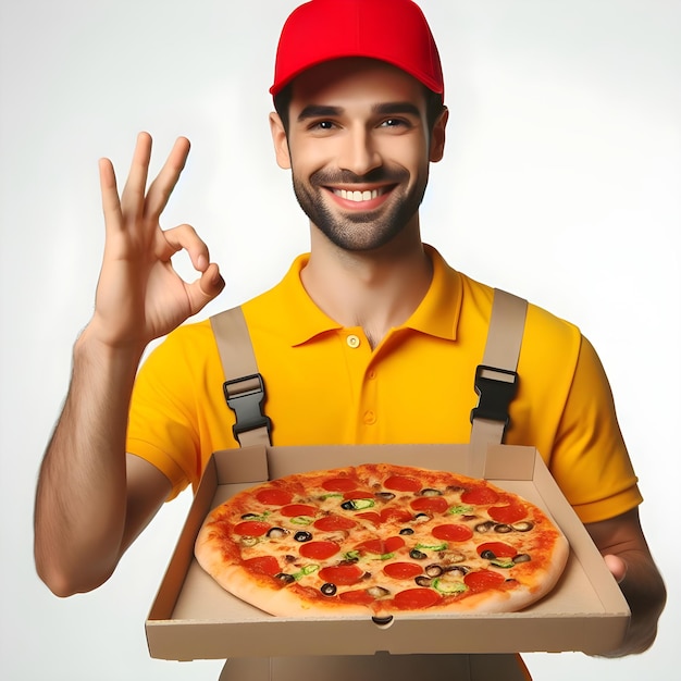 Le livreur souriant en uniforme rouge présentant une pizza aux pepperoni et donnant un pouce haut