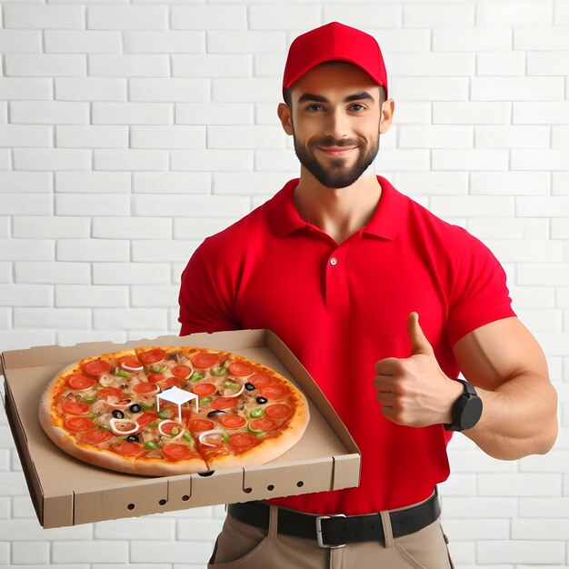 Le livreur souriant en uniforme rouge présentant une pizza aux pepperoni et donnant un pouce haut