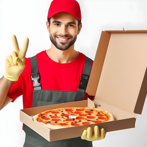Le livreur souriant en uniforme rouge présentant une pizza aux pepperoni et donnant un pouce haut